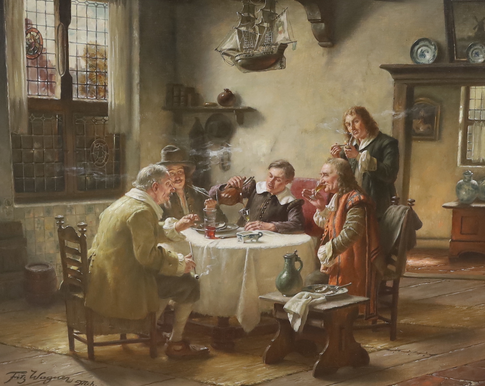 Fritz Wagner (German 1872-1967)' oil on canvas, Figures seated at a table wearing 17th century dress, signed, ornate gilt framed, 78cm x 63cm
